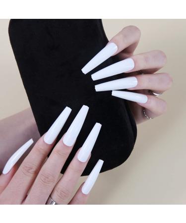 Long Press on Nails, Rosy Finch Stick on Nails XXL Extra Long Coffin Acrylic False Nails Full Cover Fake Nails with Nail Glue Nail File for Women,White 2-White