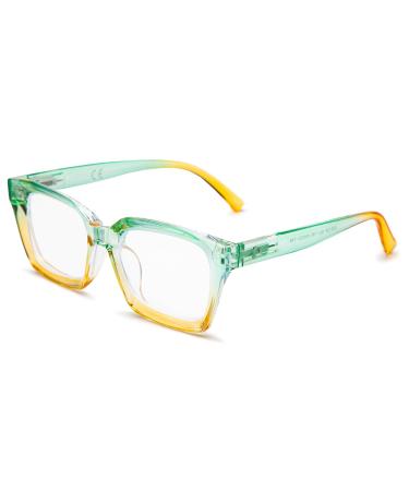 Amorays reading glasses Oversize Square Frame Vintage with anti-light blue lentils zipper spring glasses presbypia readers for women men 6561new +2.00 yellowish green