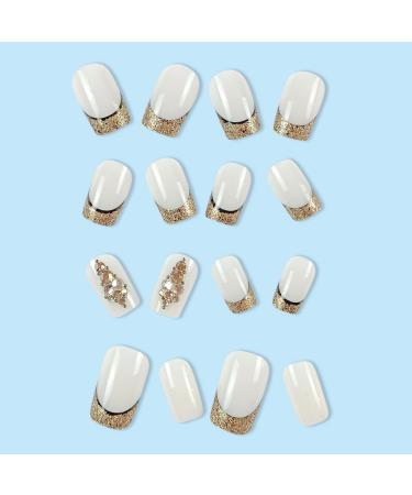 French Tip Press on Nails - Medium Square style fake nails Press On Nails with Nail Tips Golden Sparkling Rhinestones Design Glossy Milk White press on nails Acrylic False Nails Cute Artificial Nail - Buy Online on GoSupps.com