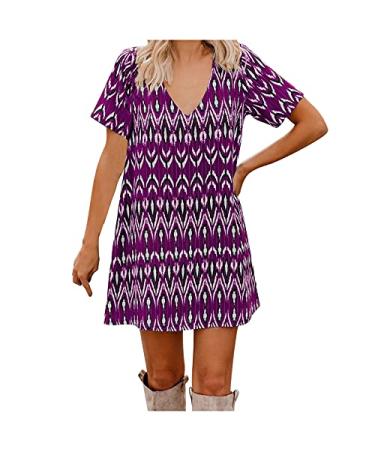 Booboda Womens Print Mini Dress Summer Casual V-Neck Short Sleeve Dresses Beach Dresses Purple X-Large