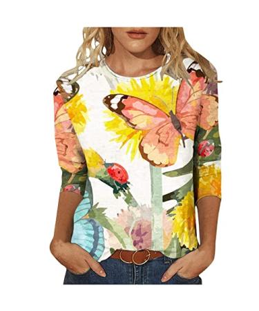 Womens Floral Print Blouse Tops 2023 Fashion 3/4 Sleeve Crewneck Graphic Tees Ladies Cozy Loose Fit Going Out Shirts K1-yellow Medium