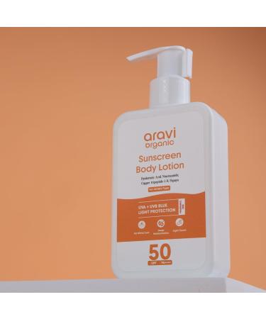 Aravi Organic Oil-Free Sunscreen Body Lotion SPF 50 PA++++ | (In-Vivo) Dermatologically Tested | Lightweight & No White Cast | UVA/UVB & Blue Light Protection | Niacinamide & Hyaluronic Acid | 200ml - Buy Online on GoSupps.com