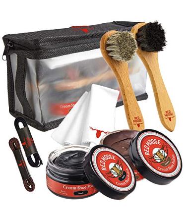 Full Leather Shoe Polish Kit  2x Brush, Buffing Cloth, Travel Case, Laces - Red Moose Black & Brown