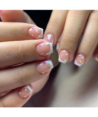 24Pcs Short Fake Nails Square Press on Nails White French Tip Glue on Nails Acrylic False Nails with Rhinestone Design Full Cover Stick on Nails for Women and Girls DIY Manicure Art Supplies 17