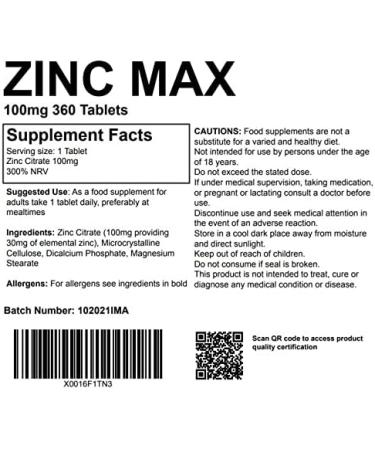 Zinc Max 100mg 360 Tablets | Pharmaceutical Grade Mineral Supplement - Buy Online on GoSupps.com