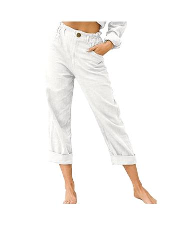 beshionljs Womens Cotton Linen Pants Elastic High Waist Capri Pants Summer Stretch Lightweight Loose Comfy Golf Crop Pants White-05 XX-Large