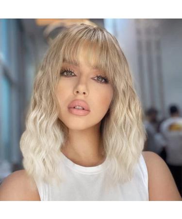 Nnzes Short Omber Blonde Wavy Wig with Bangs Synthetic Bob Wig for Women Girl's Heat Resitant Wig Natural Looking for Daily Use Mixed Blonde