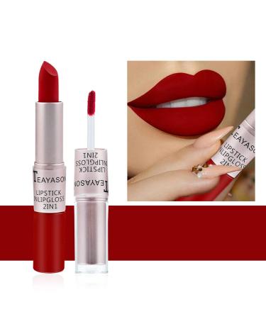 Hikaka 2 in 1 Matte Velvet Satin Lipstick & Gloss Set Double Headed Matte Finish Non-stick Cup No Fade Nude Color Long Lasting Waterproof Lip Gloss (E)