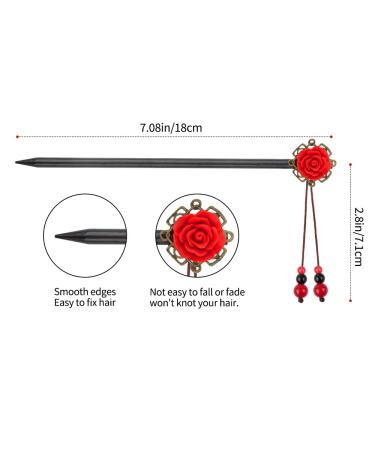 Vintage Chinese and Japanese Hair Sticks for Women - Geisha Hair Pins with Red Flower Design and Retro Wooden Rose-Wood Finish - Buy Online on GoSupps.com