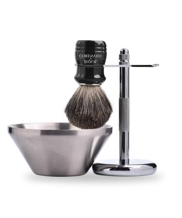 Je&Co Shaving Set,Pure badger Hair Shaving Brush with Steel Stand and Steel Bowl Black Handle