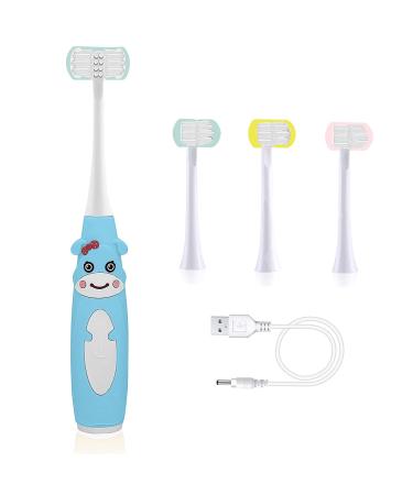 FOREVIVE Kids Electric Toothbrush 3 Side Toothbrush  Sonic Toothbrush with 3 Color Brush Heads  U-Wrapped Brush Head  IPx7 Waterproof  Suitable for Children Over 5 Years (Blue-Cartoon)