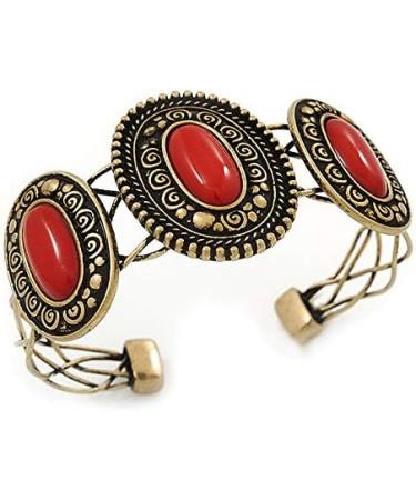 Avalaya Vintage Burn Gold Hammered Cuff Bangle with Red Stones | Adjustable Bracelet - Buy Online on GoSupps.com
