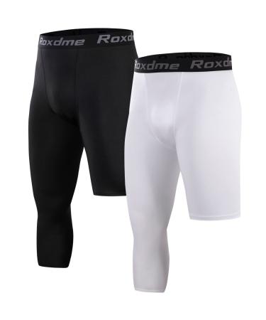 Roxdme 2 Pack Men's 3/4 One Leg Compression Capri Tights Pants Basketball Athletic Running Black+white(left Short) Medium