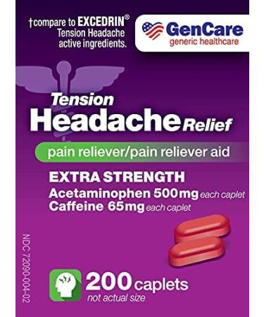 GenCare Tension Headache Relief Caplets - 200 Count Value Pack | Acetaminophen 500mg & Caffeine 65mg | Extra Strength Pain Reliever for Head and Body Aches - Buy Online on GoSupps.com
