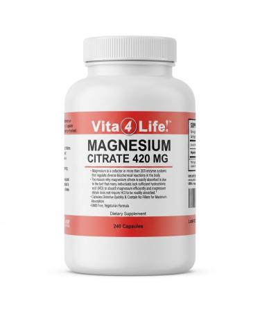 Vita4Life! - Premium Magnesium Citrate High Absorption Capsules (240 Count)