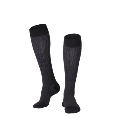 Touch Men's Compression Dress Socks 20-30 mmHg Graduated Support Knee High Trouser Style Business Casual Wear Black Medium (20-30 mmHg) Black Herringbone Medium (1 Pair)