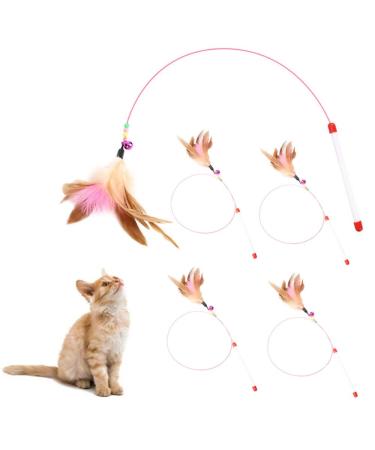 AWAVM 5 PCS Cat Teasers Cat Feather Wand Cat Toy Interactive Toy Feather Wand with Bell Natural Feather Refills