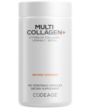 Codeage Multi Collagen+ Supplement with Vitamin C Biotin 5000 mcg Hyaluronic Acid Amla Berry BioPerine - 5 Types of Collagen Grass-Fed Pasture-Raised - 2-Month Supply - Non-GMO - 180 Capsules