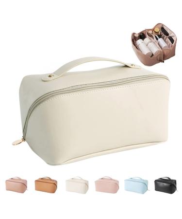 Large Capacity Travel Cosmetic Bag for Women,Travelling Opens Flat Makeup Bag Leather Cosmetic Bag Waterproof,Multifunctional Storage Travel Toiletry Bag Skincare Bag(Creamy White)