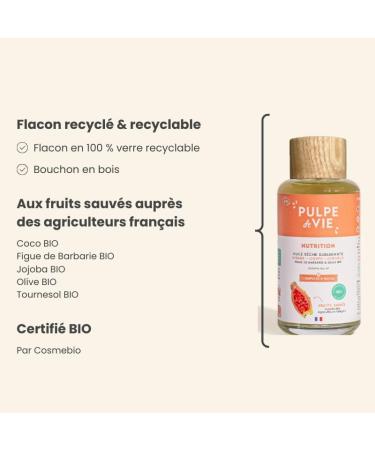 Pulpe de Vie - Huile s che Certifi e BIO 100ml - Non Collante - Figue de Barbarie - Nutrition Corps et Cheveux - Elixir aux Quatres Huiles V g tales - Parfum Solaire - YUKA 100/100 - Buy Online on GoSupps.com