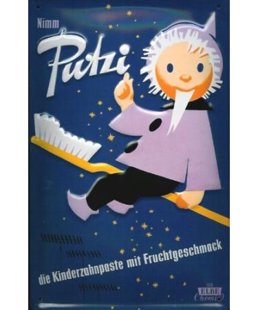 Buddel-Bini Shipping Blechschild Putzi Children's toothpaste toothpaste shield Sandmann toothbrush DDR VEB Elbe Chemie Dresden Schild Retro Werbild Ostalgie Ostprodukt