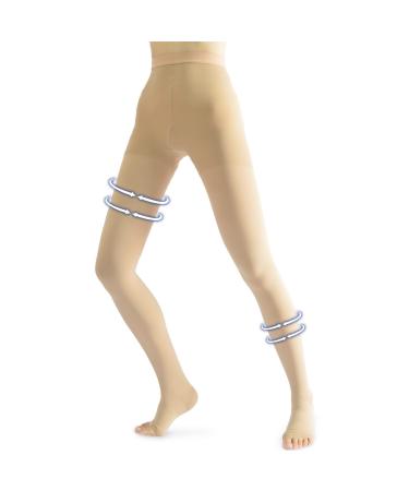 beister Medical Compression Tights for Women & Men Class 2 Open Toe Thigh High Pantyhose 20-30 mmHg Graduated Support for Varicose Veins Edema Beige L