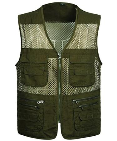 Flygo Men's Summer Mesh Fishing Vest Photography Work Multi-Pockets Outdoors Journalist's Vest Sleeveless Jacket Large Army Green
