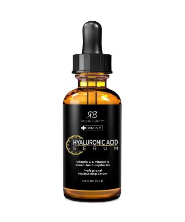 Radha Beauty Hyaluronic Acid Serum for Skin 2 fl. oz - Infused with Vitamin C + Vitamin E + Green Tea & Jojoba Oil Intensive Moisture and Hydration for Anti-Aging Wrinkles and Fine Lines