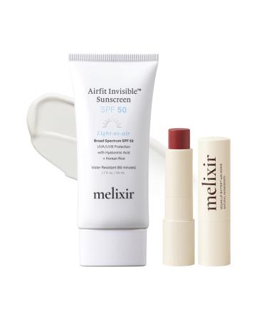Melixir Best Seller Duo Airfit Invisible Sunscreen & Vegan Lip Butter #02 Nude Crumble Korean Sunscreen With No White Cast Hydrating Tinted Lip Balm for Dry Lips Gift for Women Travel Essential