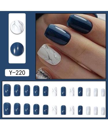 Blue False Nails Short Maggidea Stick on Nails 24pcs Square Press On Nails with Glue Elegant Simple Design Fake Nails for Women Girls (Blue White) - Buy Online on GoSupps.com