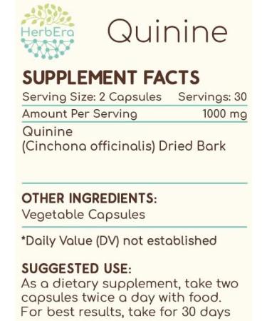 HerbEra Quinine 60 Capsules, 1000 mg, Wildcrafted Quinine (Cinchona officinalis) Dried Bark (60 Capsules) 60 Count (Pack of 1) - Buy Online on GoSupps.com