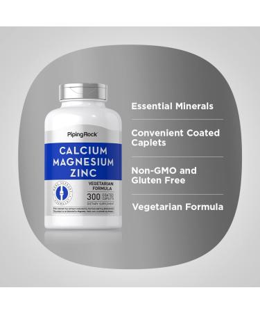 Calcium Magnesium Zinc Supplement 300 Coated Caplets Non-GMO Gluten Free by Piping Rock - Buy Online on GoSupps.com