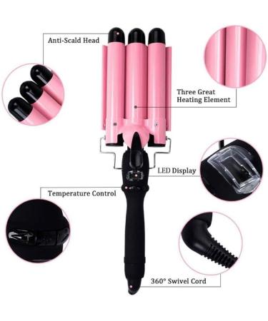 Triple Barrel Curling Iron Wand with LCD Display - 1 Inch Ceramic Tourmaline, Dual Voltage, Adjustable Temperature - Portable Hair Crimper for Fast Heating - Buy Online on GoSupps.com