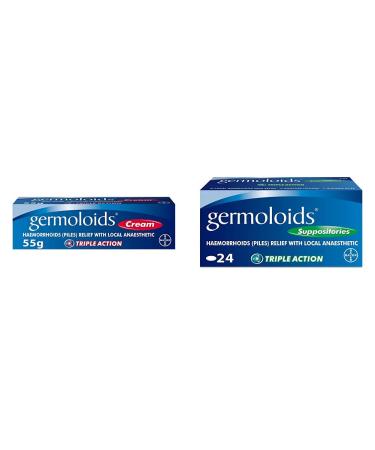 Germoloids Hemorrhoid Cream Piles Treatment with Anaesthetic to Numb The Pain & Itch 55 g Pack of 1 with Piles Treatment Suppositories Triple Action with Anaesthetic to Numb The Pain & Itch 55 g
