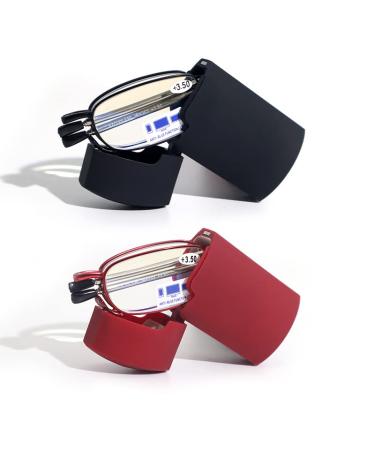 Reading Glasses 2 Pair Black and Red Readers Compact Folding Unisex Glasses for Reading Case Included (Mix 2.5) Bundle: Set of Black and Red With 2 Cases 2.50 X