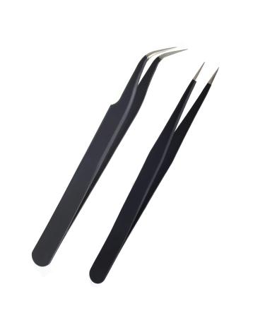 AIEX 2Pcs Lash Tweezers Stainless Steel Eyelash Extension Tweezers Straight and Curved Tip Eyelash Tweezers (Black)