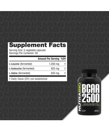 NutraBio BCAA 2500 - Branched Chain Amino Acids for Muscle Growth & Recovery | 250 Capsules - Buy Internationally - Buy Online on GoSupps.com