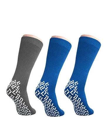 NOBLES HEALTH CARE PRODUCT SOLUTIONS Pack of 3 Pairs - XXXL Wide Non-Skid Slipper Socks for People W/Swollen feet Diabetes 1 Grey 2 Royal Blue