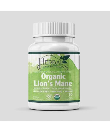 Herbal Connections Organic Lion s Mane Mushroom 1000 mg Memory & Focus Nootropic 40% Polysaccharides Brain & Nerve Support Vegan Non-GMO Capsules USDA Organic 60 Count