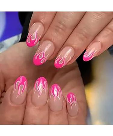 Fairvir Fashion Glossy Fake Nails Pink Flame Full Cover Aryclic Oval False Nails Party Night Club Clip Press on Nail for Women and Girls - Buy Online on GoSupps.com