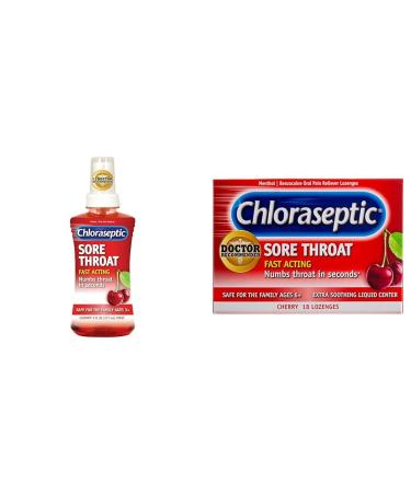Chloraseptic Sore Throat Spray Cherry 6 fl oz 1 Bottle Sore Throat Lozenges Cherry 18 Count Cherry + Sore Throat Cherry 6 Fl Oz (Pack of 1)