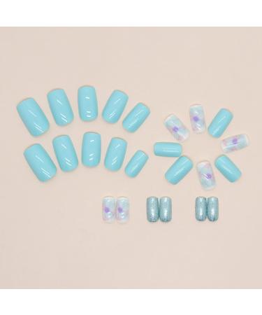24Pcs Short Light Blue French Tip Press On Nails Set | Glossy Stick On Nails with Glue | Vintage Full Cover False Nails for Women - DIY Manicure - Buy Online on GoSupps.com