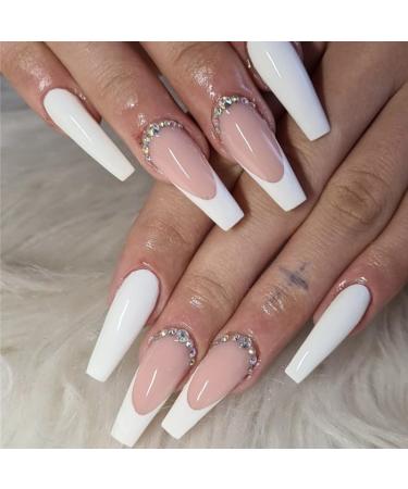 24Pcs Press on Nails Long Square French Tips Fake Nails Acrylic Square False Nails Reusable Artificial Nails for Women Girls