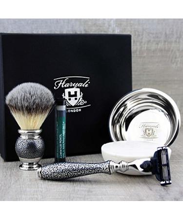 Synthetic brush triple cartridge razor bowl and soap.