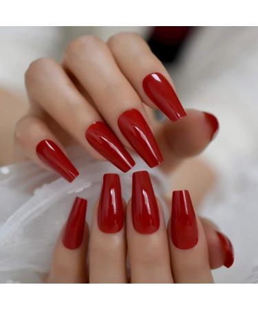 Gorgeous Red Press on Ballet False Nails Long Ruby-red Coffin Ballerina UV Fingersnails Free Adhesive Tapes 24pcs/set L5581