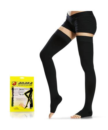 Ailaka 20-30 mmHg Compression Stockings for Women& Men, Thigh High Footless Varicose Veins Leg Sleeves 2X-Large (1 Pair) Black