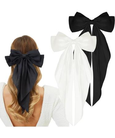 2Pcs Silky Satin Hair Bows Big Hair Bows for Women Hair Ribons Oversized Long Tail White Hair Bow Black Hair Bow Large Hair Ribbon Barrettes Metal Clips Bowknot Aesthetic Hair Accessories