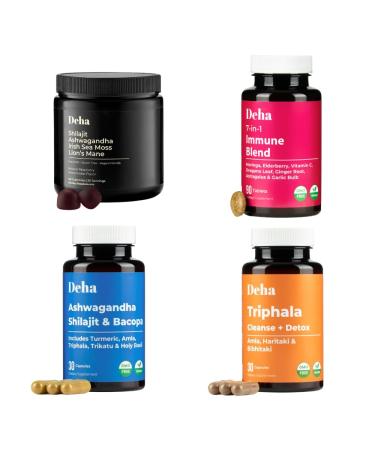 Deha Complete Wellness Bundle Shilajit Gummies Ashwagandha Bacopa Capsules 7-in-1 Immune Support Tablets & Triphala Digestive Cleanse Energy Focus Immunity & Gut Health Non-GMO Vegan