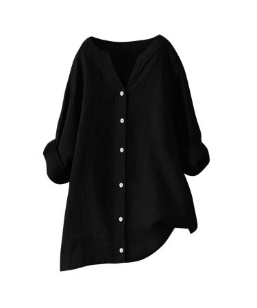 Linen Tops for Women Sale Casual Loose Fit Short Sleeve T Shirt Crewneck Retro Shirt Summer Tops Henley Plus Size Shirt Tunic Top Holiday Blouses 347-qppoj-black-b M