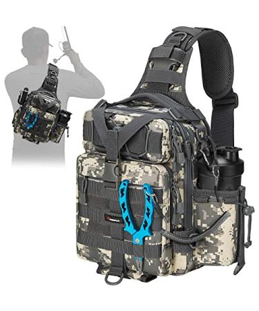 Piscifun Fishing Tackle Bag with Rod & Gear Holder Lightweight Sling Tackle Storage Bag Outdoor Fishing Shoulder Pack for Fishing Hiking Hunting Digital Camouflage Standard (11.8*8.3*4.0inch)
